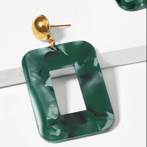 Green and Gold Marble Square Geo Drop Earrings - Picture 2 of 4